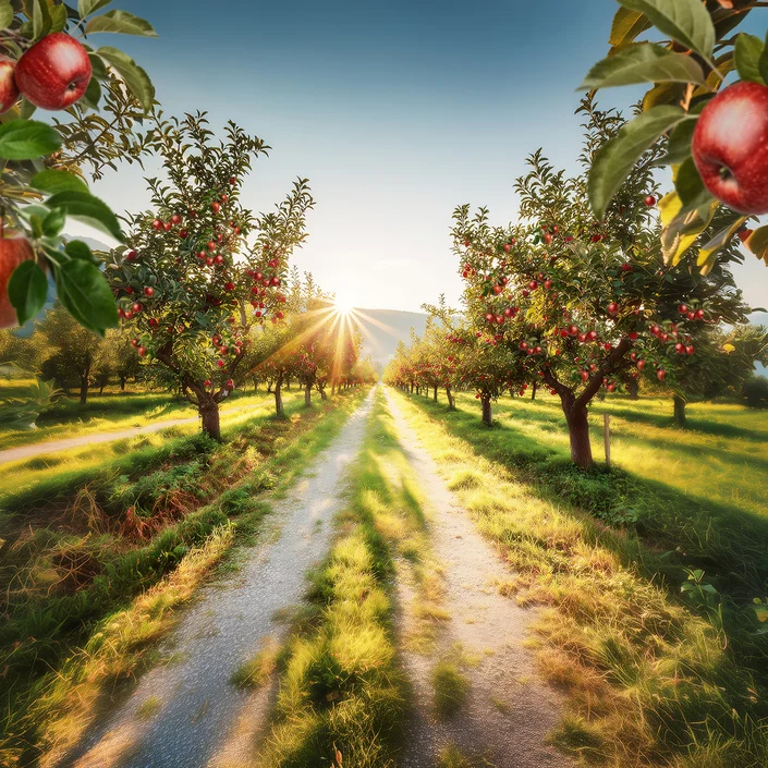 Ein Weg, links und rechts davon sind Äpfelbäume gepflanzt. Die Sonne scheint.